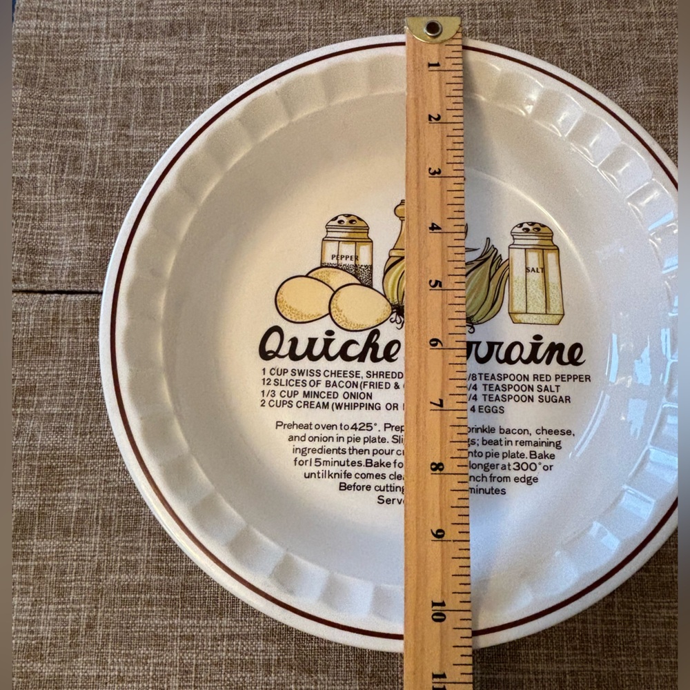 VTG Quiche Lorraine Recipe Ceramic Fluted Pie Plate Cream Brown Trim Farmhouse - Picture 5 of 6